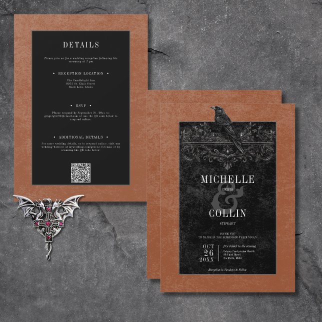 Invitación Raven negro gótico y Rosas negros rojan dos lados (Gothic Black Raven & Black Roses Rust All In One Invitation)
