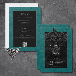 Invitación Raven negro gótico y Rosas negros Verde azulados d