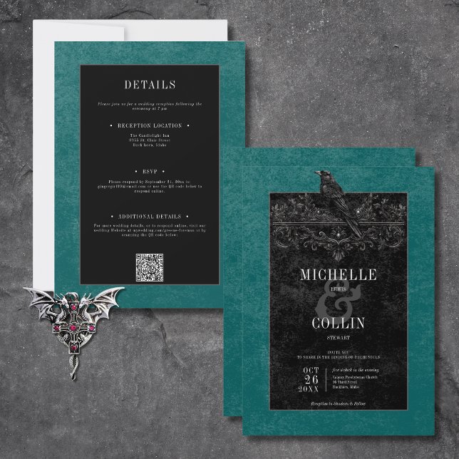 Invitación Raven negro gótico y Rosas negros Verde azulados d (Gothic Black Raven & Black Roses Teal All In One Invitation)