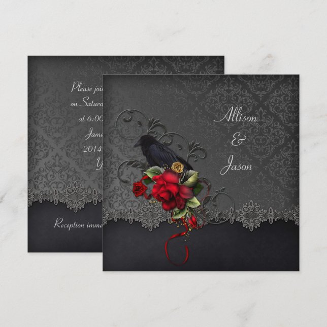 Invitación Raven Roses Roses Roses Negros Gris Damask (Anverso / Reverso)