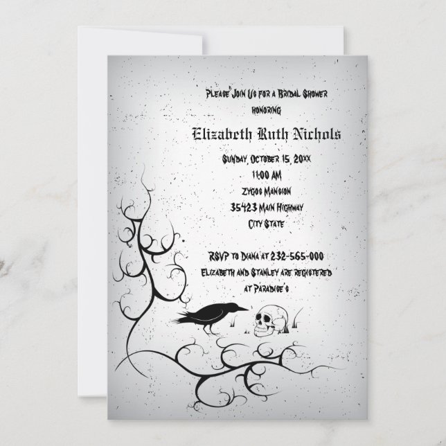 Invitación Raven y cráneo boda gótico ducha de novia (Anverso)
