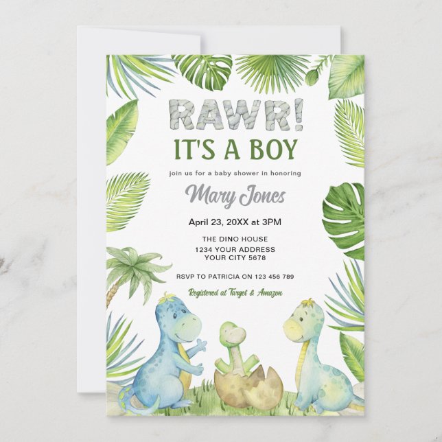 Invitación Rawr Dinosaur Baby Shower (Anverso)