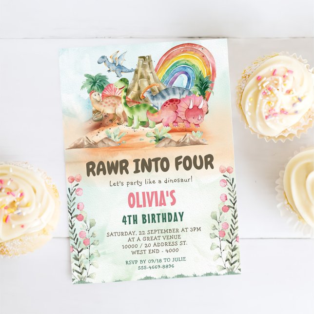 Invitación Rawr en cuatro dinosaurios cuarto Fiesta de cumple (Subido por el creador)