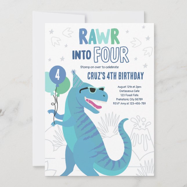 Invitación Rawr en cuatro dinosaurios T-Rex cuarto Fiesta de  (Anverso)