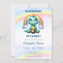 Invitación Rawr es un niño acuarela dinosaurio con arco iris
