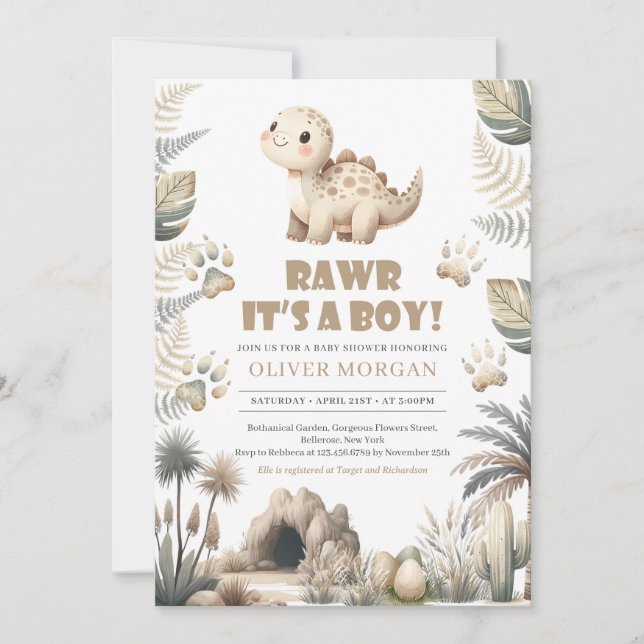 Invitación Rawr es un niño lindo Baby Shower de los ricos din (Anverso)