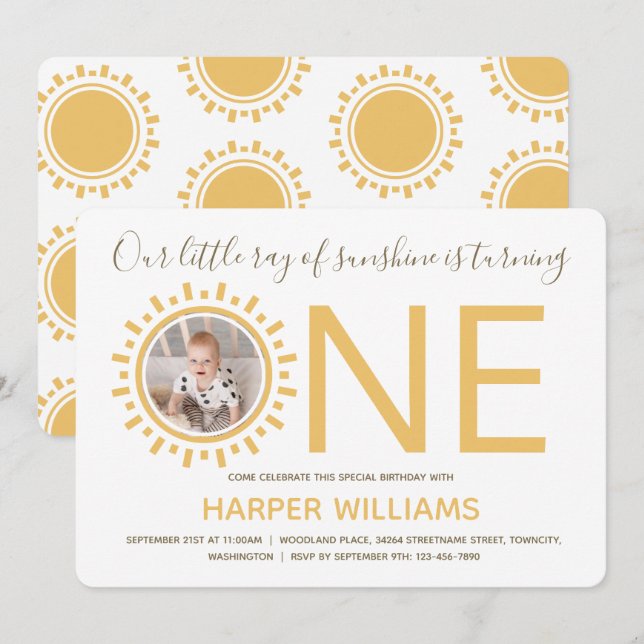 Invitación Ray of Sunshine Photo Baby First Birday (Anverso / Reverso)