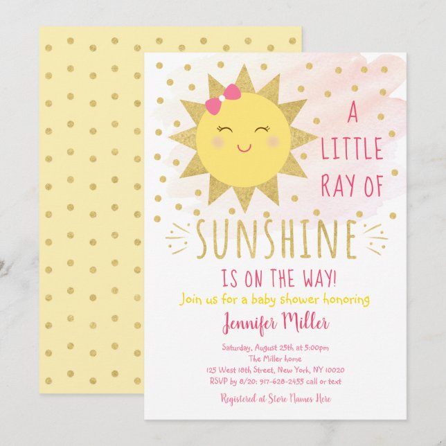 Invitación Ray Of Sunshine Pink & Gold Baby Shower (Anverso / Reverso)