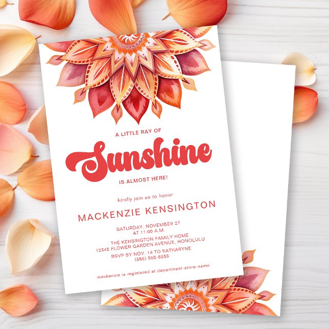Invitación Ray of Sunshine Retro Boho Baby Shower (Little Ray of Sunshine Boho Hippie Baby Shower Invitation)