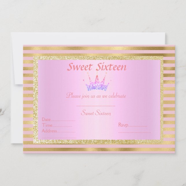 Invitación raya de oro rosa dulce dieciséis princesa tiara (Anverso)