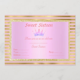 Invitación raya de oro rosa dulce dieciséis princesa tiara
