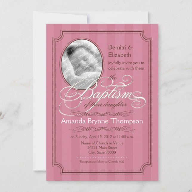 Invitación rayada del bautismo (rosa oscuro) (Anverso)