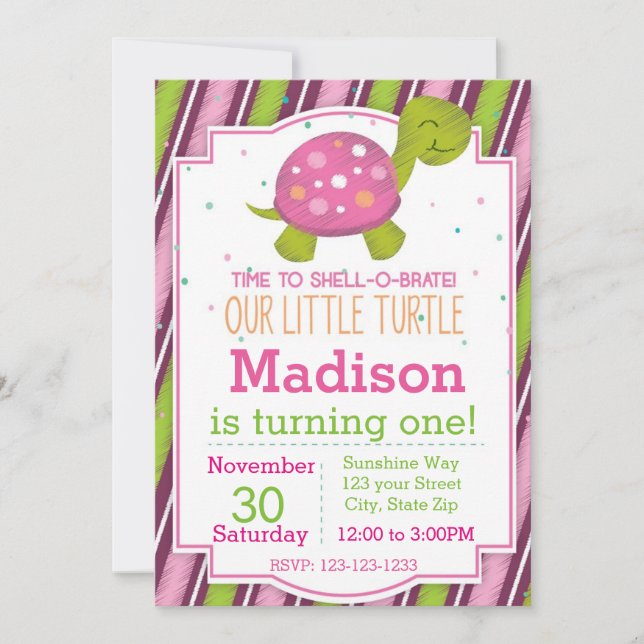 Invitación rayada del cumpleaños de la tortuga (Anverso)