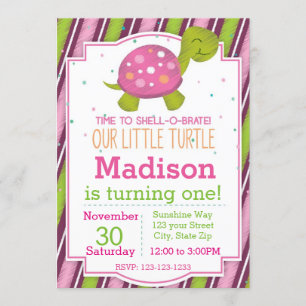 Invitación rayada del cumpleaños de la tortuga