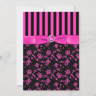 Invitación rayada negra y rosa caliente