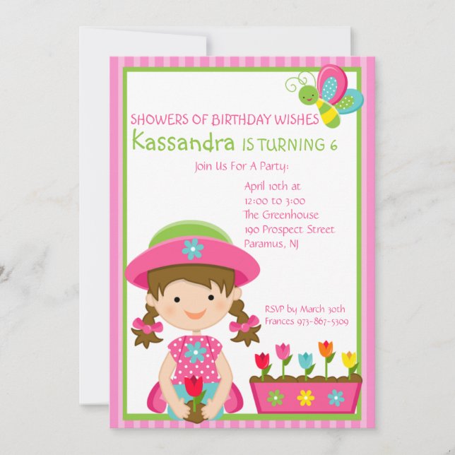 Invitación rayada rosada del cumpleaños del chica (Anverso)