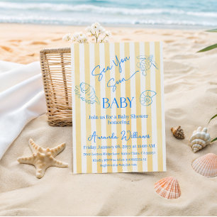 Invitación Rayas Amarillas Costeras te Ven Pronto Baby Shower