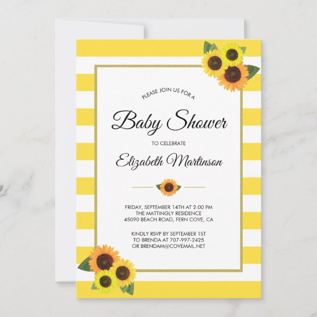 Invitación Rayas amarillas girasoles dorado floral Baby Showe (Anverso)
