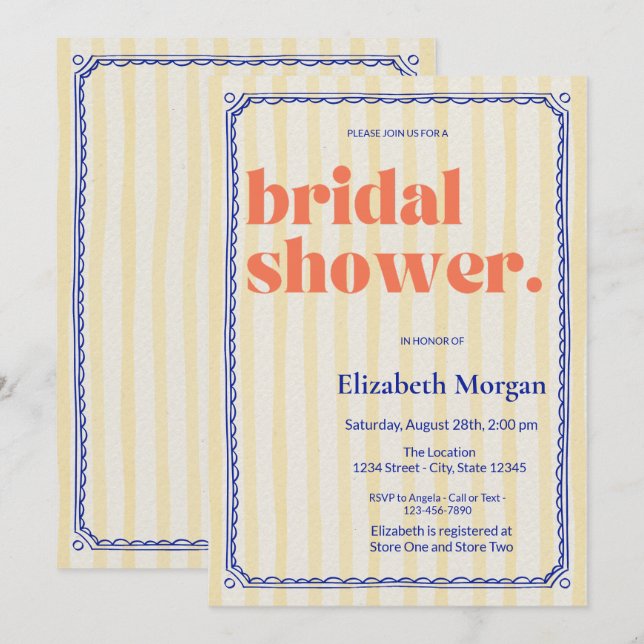 Invitación Rayas amarillas retro marco azul ducha de novia (Anverso / Reverso)