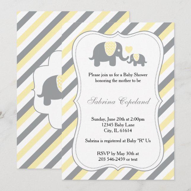Invitación Rayas amarillas y grises elefante bebé | BABY SHOW (Anverso / Reverso)