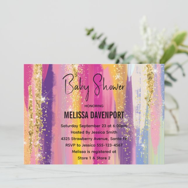 Invitación Rayas arcoiris con Baby Shower Purpurina de oro fa (Anverso de pie)