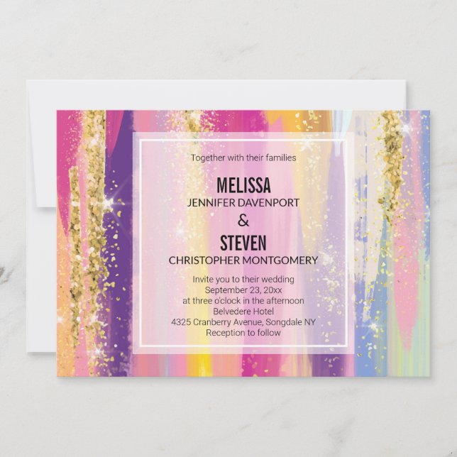 Invitación Rayas arcoiris con Boda Purpurina de oro falso (Anverso)