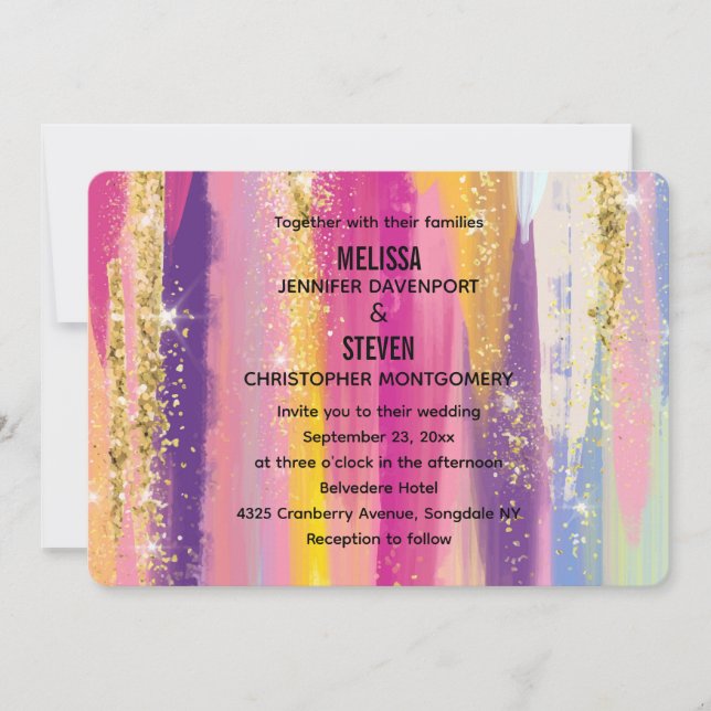 Invitación Rayas arcoiris con Boda Purpurina de oro falso (Anverso)