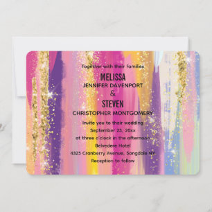 Invitación Rayas arcoiris con Boda Purpurina de oro falso
