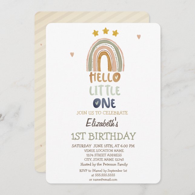 Invitación Rayas arcoiris marrones Hola pequeño un cumpleaños (Anverso / Reverso)