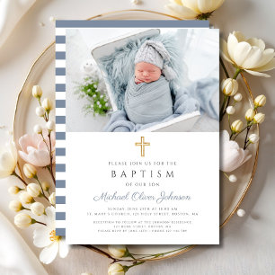 Invitación Rayas Azul Polvoriento Cruz Foto Bautizo Niño