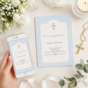 Invitación Rayas azul polvoriento niño Bautizo