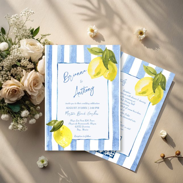 Invitación Rayas azules caseras limones boda italiano (Handrawn blue stripes lemons Italian wedding Invitation cards with RSVP template instant download)