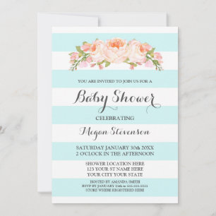 Invitación Rayas azules claras color agua Baby Shower floral