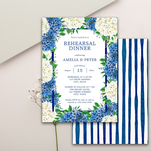 Invitación Rayas azules Hydrangeas Boda Ensayo Cena (Front / Back)