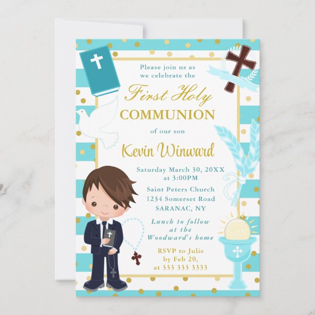 Invitación Rayas azules marrón niño haitiano primera comunión (Anverso)