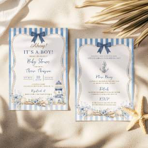 Invitación Rayas Azules Náuticas ¡Hola! Es un Niño Cumpleaños