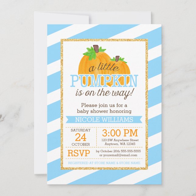 Invitación Rayas azules Oro Pequeña Calabaza Caída Baby Showe (Anverso)