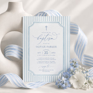 Invitación Rayas Azules Polvorientas Bautizo para Niño