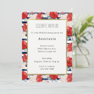 Invitación Rayas Azules Rojo Blanco Floral Cumpleaños