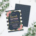 Invitación Rayas azules, Rubor rosas rosas rosas dulces 16 in<br><div class="desc">¿Arrojando al chica de cumpleaños un fiesta para celebrar los 16 años? Invite a amigos y familiares con esta dulce invitación de dieciséis bonitos que incluye un falso borde dorado, rayas azules y blancas, rosas rosas rosas rubias y un costado con estampado. Personalízalo reemplazando el texto del marcador de posición....</div>