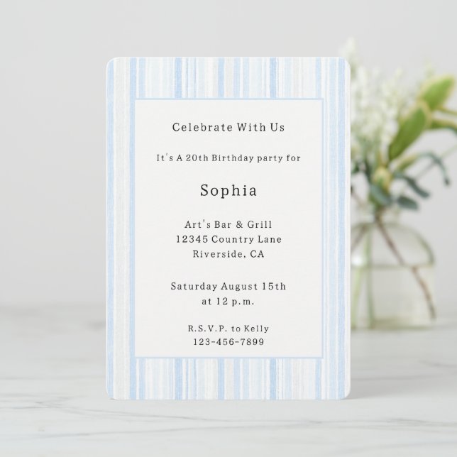 Invitación Rayas Blancas Azul Claro Cumpleaños   (Anverso de pie)