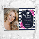 Invitación Rayas blancas de la marina Plata Foto rosa 50 cump<br><div class="desc">Elegante invitación femenina de 50 años con tu foto. Diseño rosa blanco de la marina de cristal con una falsa plata purpurina. Presenta rayas azul marino y blanco, rosas rosadas, fuente de guión y confeti. Perfecto para un elegante fiesta de celebración de cumpleaños. Personaliza con tus propios detalles. ¡Se puede...</div>