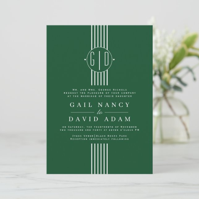 Invitación Rayas blancas e iniciales boda verde esmeralda (Anverso de pie)