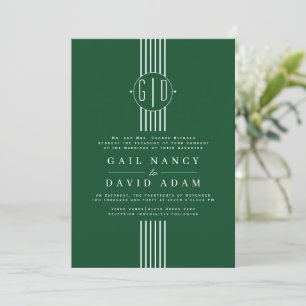 Invitación Rayas blancas e iniciales boda verde esmeralda