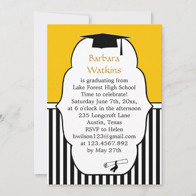 Invitación Rayas blancas negras, amarillo, graduación del (Anverso)