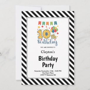 Invitación Rayas blancas/negras enmarcadas en la décima fiest