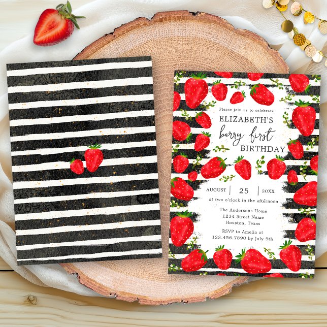 Invitación Rayas blancas negras modernas Fresa Primer cumplea (Subido por el creador)