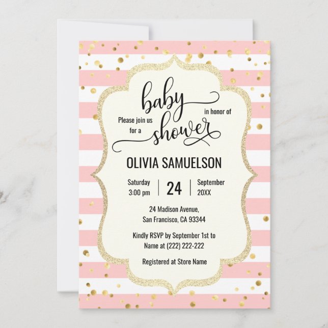 Invitación Rayas blancas rosadas cortas Baby Shower negro de  (Anverso)