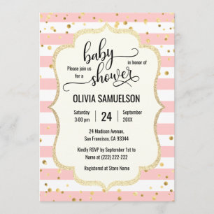 Invitación Rayas blancas rosadas cortas Baby Shower negro de