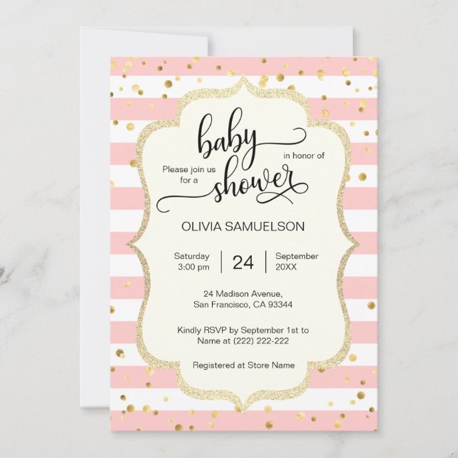 Invitación Rayas blancas rosadas cortas Baby Shower negro de  (Anverso)